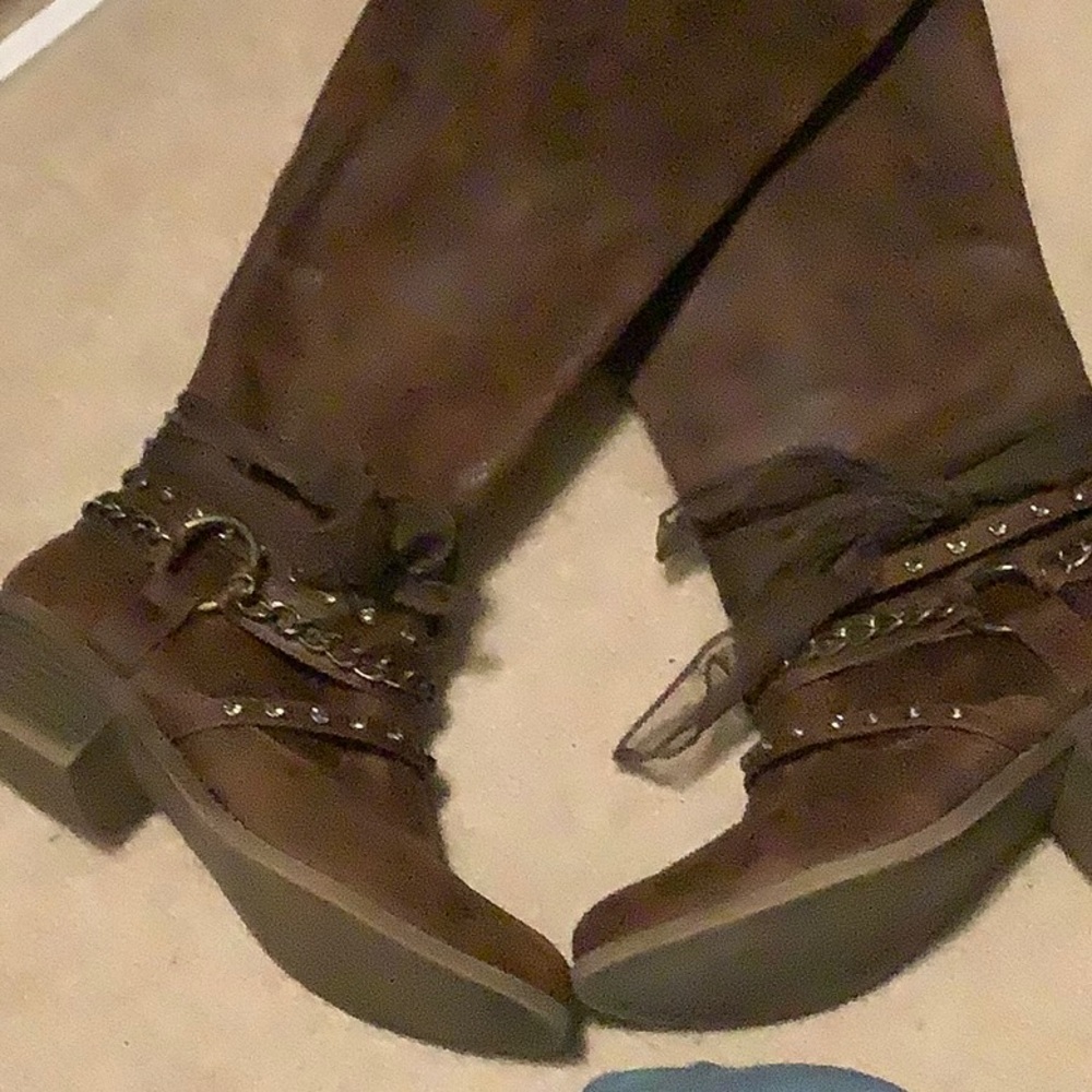 Womens tall boots knee high brown lace buckle diamond jewel 8.5 zip